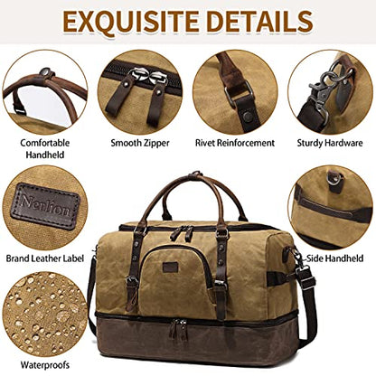 Nerlion Weekender Bag with Shoe Compartment Large Overnight Bag for Men Canvas Genuine Leather Carry on Luggage Bag Travel Duffel Bag(Brown) - color: Brown