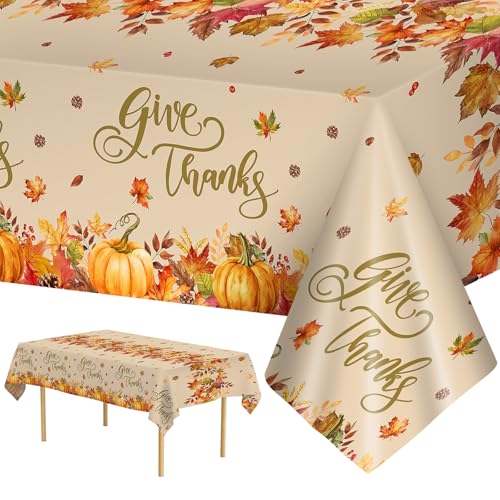 3 Pcs Thanksgiving Tablecloth Disposable - Fall Give Thanks Table cloth, Rectangle Plastic Maple Leaf Pumpkin Table Cover for Fall Harvest Thanksgiving Party Decorations Supplies Favors, 54x108 Inch - color: Thanksgiving