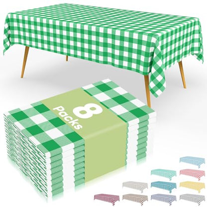 Smiry 8 Packs Gingham Disposable Table Cloth, 54 x 108 Inch Waterproof Plastic Tablecloth, Rectangle Green and White Checkered Table Covers for Party, Birthday, Picnic, Banquet - color: Green and White, size: 54"x108" (Pack of 8)