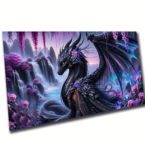 KUFWKEY Black Dragon Mosaic Diamond Paintings,5D DIY Diamond Painting for Adults,Fantasy Animal Diamond Art Kits,Landscape Waterfall Art for Home Decor,Large Size 27.5x15.7inch - color: dragon waterfall