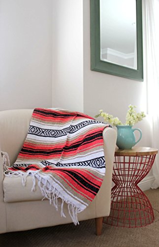 Del Mex Classic Mexican Blanket, Large Authentic Woven Falsa Throw (70"x50"), Artisan Southwest Décor for Beach, Yoga, Outdoors (Pink/Tan) - color: Pink/Tan