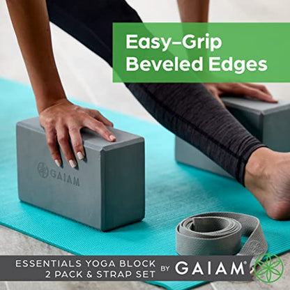 Gaiam Yoga Block - Supportive Latex-Free Eva Foam - Soft Non-Slip Surface with Beveled Edges for Yoga, Pilates, Meditation - color: Black, style: 2 Blocks w/Strap