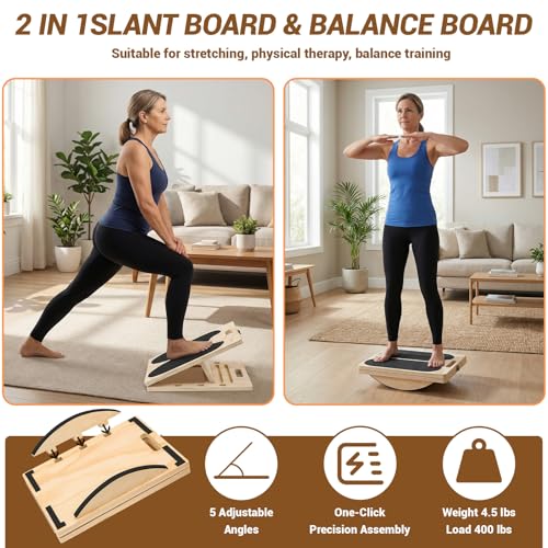 2-in-1 Wooden Slant Board & Balance Board | Adjustable Incline Board for Calf Stretching, Squat Wedge, Ankle Support | Foldable Design | Includes Workout Poster & Resistance Bands