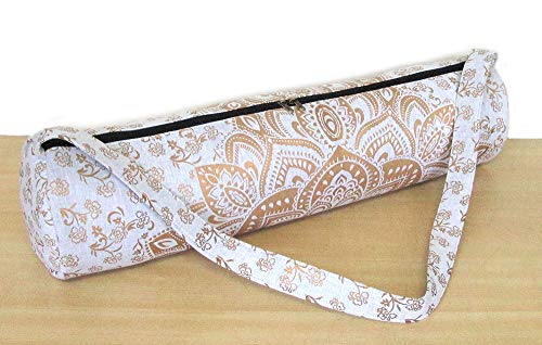 ICC Black Gold Mandala Full-Zip Exercise Yoga Mat Carry Bag Gym Beach Pilates Carrier Bags Hippie Mandala Indian Cotton Bag - style: White Gold Flower