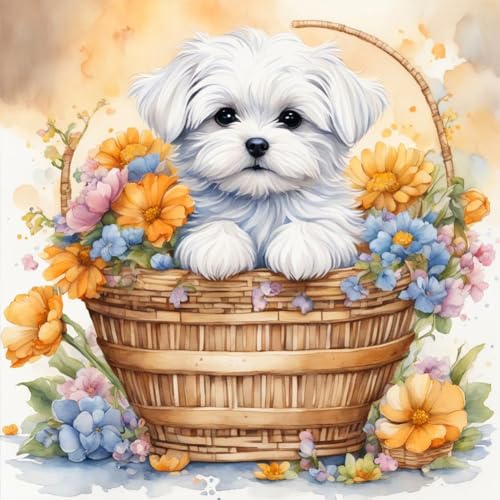 WSLWXSHM Diamond Painting Kits for Adults, Dog Round Full Drill Diamond Art Kits, 5D DIY Paint with Diamonds Crafts for Home Wall Decoration Gifts 12×12Inch Flower Basket - color: Dog A