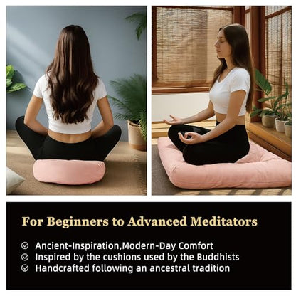 Meditation Cushion Set Zafu & Zabuton – Buckwheat Hull & Memory Foam, Adjustable Floor Pillow for Yoga, Meditation & Sitting, Removable Velvet Cover (Blush Pink) - color: Blush Pink