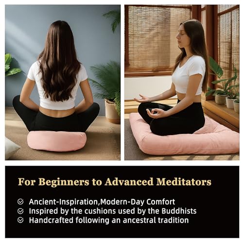Meditation Cushion Set Zafu & Zabuton – Buckwheat Hull & Memory Foam, Adjustable Floor Pillow for Yoga, Meditation & Sitting, Removable Velvet Cover (Blush Pink) - color: Blush Pink
