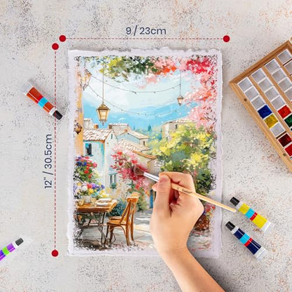 Thick Handmade A5 Size Watercolor Paper with Deckle Edge - 5.8" x 8.25" - 300GSM - Premium White Hot Press Smooth Mixed Media Paper Made with Recycled Cotton - 25 Loose Leaf Sheets - color: White, size: 5.8x8.3" (15x21cm)