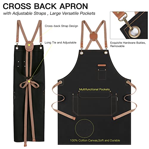 Genixart Chef Apron Men Women, Kitchen Aprons Cooking, BBQ - Black, 6 Pack | Box Packed, Cotton Canvas, Cafe, Bar, Workshop, Restaurant, Water & Oil Stain Resistant, Cross Back Adjustable, Large Pockets - color: Black, 6 Pack