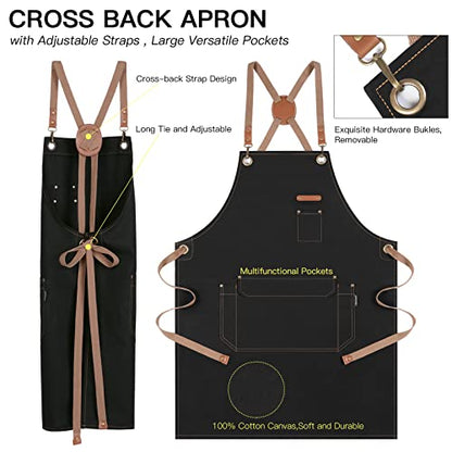 Genixart Chef Apron Men Women, Kitchen Aprons Cooking, BBQ - Black, 6 Pack | Box Packed, Cotton Canvas, Cafe, Bar, Workshop, Restaurant, Water & Oil Stain Resistant, Cross Back Adjustable, Large Pockets - color: Black, 6 Pack
