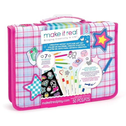 Make It Real: Creative Artist Suitcase Art Set - 50pc Zipper Binder Case, Gel Pens-Color Pencils-Acrylic Markers-Stickers, Crafts Tweens-Girls-Kids 6+