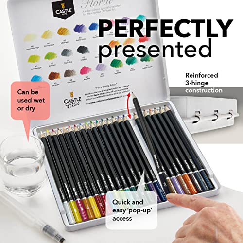 Castle Art Supplies 24 Watercolor Pencils for Adults - Botanical Palette | Premium, selected vibrant colors for adult artists - draw and paint at the same time - special gifting tin box included