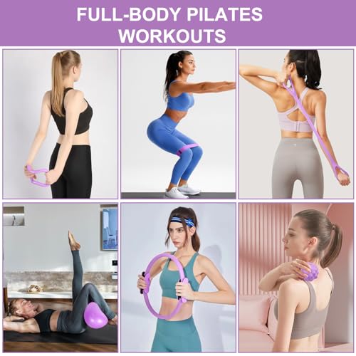 Pilates Ring Set with Resistance Bands– Anti-Slip Magic Circle Pilates Ring for Home Workouts, Full-Body Toning, Strength Training for Women 14PCS - color: Purple