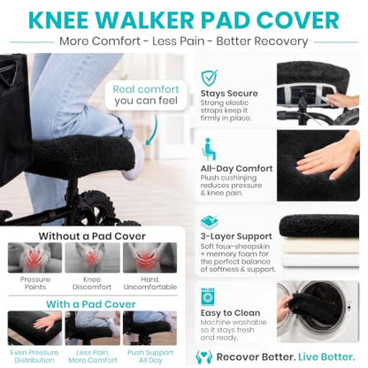 Vive Mobility Knee Scooter Pad Cover - Soft Adult Sheepskin Memory Foam - color: Black