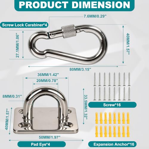 304 Stainless Steel Pad Eye Snap Hooks, 1500LBS Heavy Duty Ceiling Hook, M8 | Hanging Kit with Locking Carabiner, Pad Plate Hooks for Hammock, Chair Swing, Plant,Sun Shade Sail, Marine Boat, Yoga, RXT - color: Silver Square, size: M8