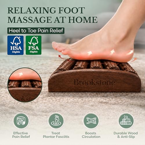 Brookstone Foot Massager Roller Plantar Fasciitis Pain Relief - Wooden Under Desk Feet Massage - Dual Manual Heel Massagers - Wood Rolling Acupressure Tool with Reflexology Guide - Gift for Men, Women - color: Walnut