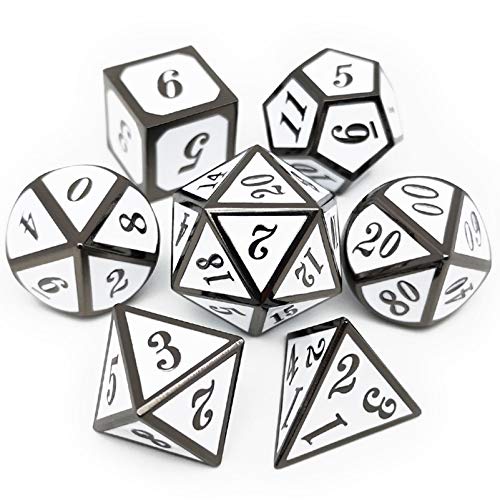 Haxtec Metal DND Dice Set, 7 Pcs White Polyhedral Dice for Table Games | Black Edge D&D Dice with Leather Bag, Compatible with Dungeons and Dragons, Glossy Enamel Heavy Metallic, RPG Gifts - color: Black White