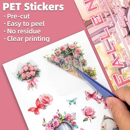 Fallen Flowers Courtyard Sticker Scrapbooking Supplies for Junk Journal, 20 Sheets PET Stickers - Vintage Journaling Stickers, Ephemera Sticker Book Pre Cut(TZ-009-001) - style: Fallen Flowers Courtyard