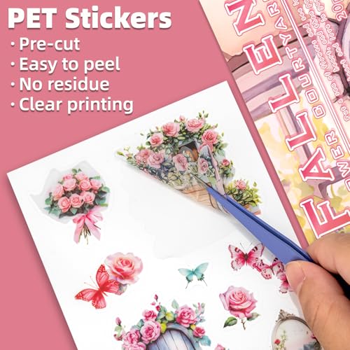Fallen Flowers Courtyard Sticker Scrapbooking Supplies for Junk Journal, 20 Sheets PET Stickers - Vintage Journaling Stickers, Ephemera Sticker Book Pre Cut(TZ-009-001) - style: Fallen Flowers Courtyard