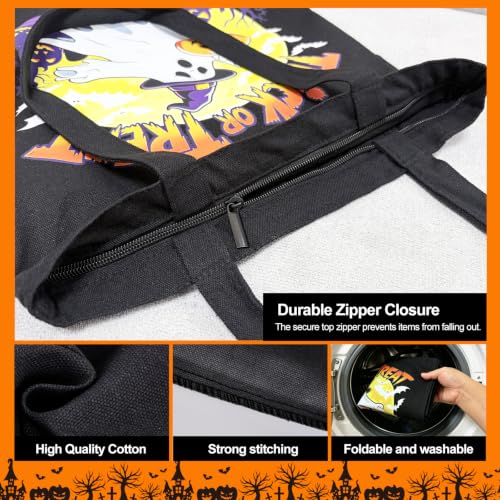 Canvas Tote Bag with Zipper for Women, Halloween Trick or Treat Bags Bulk | 13.8" x 15.3" Fashionable Two-Tone Cotton Tote Bag for Crafts, DIY Your Creative Designs - color: [A0] Halloween - Black