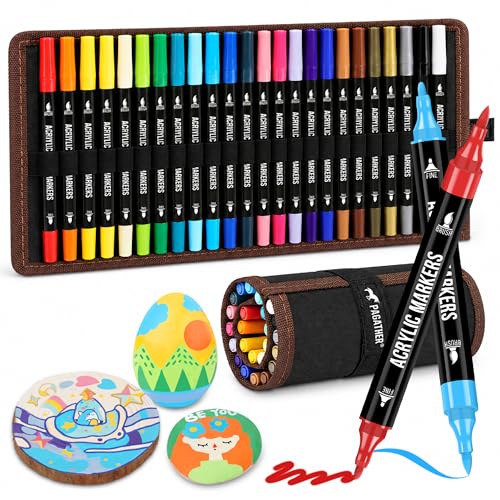 Pagather Acrylic Paint Markers, 24 Colors Dual Tip Fine & Brush Pens Set | For Rocks, Fabric, Wood, Glass & More, Perfect for DIY Crafts and Creative Art Projects with Bright, Smooth and Quick-Dry Ink - color: 24 Colors