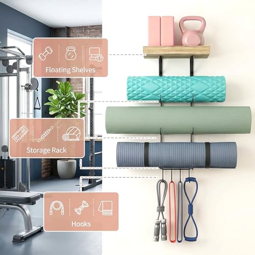 Yoga Mat Holder Wall Mount, Yoga Mat Organizer Storage Home Gym Accessories with Wood Floating Shelves for Storing Fitness, Yoga Mat Rack with 4 Hooks for Hanging Foam Roller and Resistance Bands