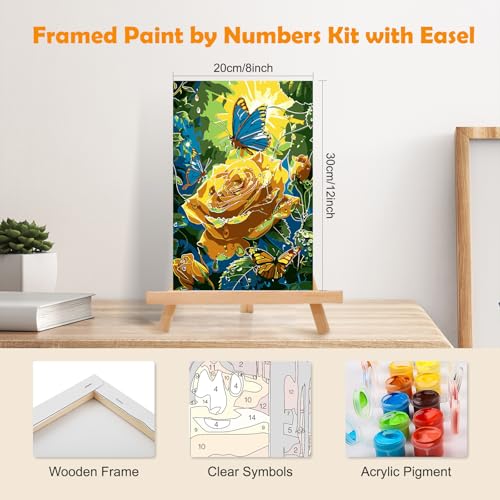 MOGTAA Paint by Numbers Kit for Adults with Frame, Rose Landscape Paint by Number Canvas, Butterfly Paint by Numbers with Easel, DIY Flowers Oil Painting Kit for Home Wall Decor 8 x 12 Inch - color: Rose