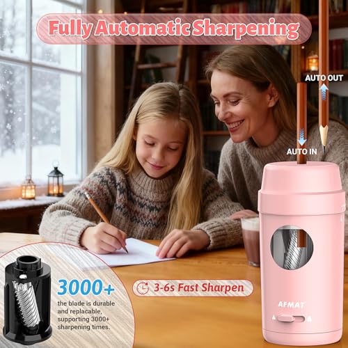 AFMAT Electric Pencil Sharpener, Auto in & Out, Fully Automatic Pencil Sharpener for Colored Pencils, Rechargeable Hands-Free Sharpeners for φ7-8mm Pencils, Good for Classroom/Home PSX8(Light Pink) - color: Light Pink
