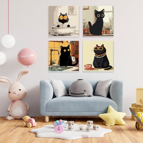 NEWENMO 4 Pack Paint by Number for Kids with Wooden Frame, Funny Cat Paint by Numbers for Kids Ages 8-12, Cute Cats, DIY Acrylic Oil Painting for Beginners for Home Wall Decor 8X8 inch - color: Black