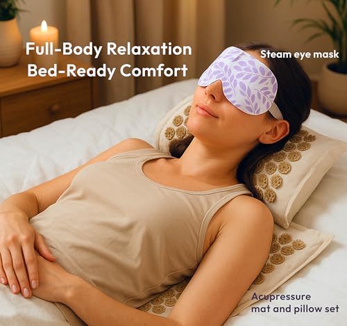 Premium, Advanced Acupressure Mat & Pillow Set with Hot/Cold Gel Pack (Natural Linen) + Lavender Self‑Heating Steam Eye Mask for Pain Relief, Sleep Aid & Recovery