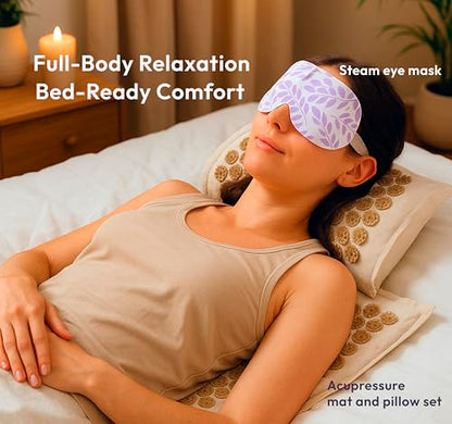 Premium, Advanced Acupressure Mat & Pillow Set with Hot/Cold Gel Pack (Natural Linen) + Lavender Self‑Heating Steam Eye Mask for Pain Relief, Sleep Aid & Recovery