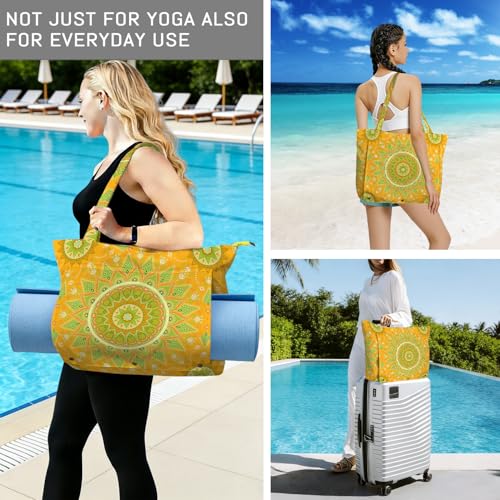 Mandala Yoga Mat Bag Large Yoga Bags and Carrier Fits All Your Stuff Yoga Tote Bags with Zipper Pocket Pilates Bag - color: Yellow