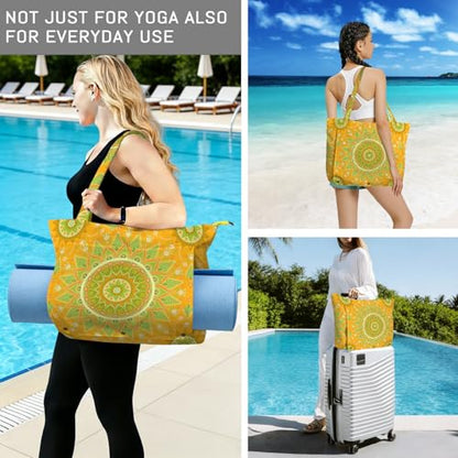 Mandala Yoga Mat Bag Large Yoga Bags and Carrier Fits All Your Stuff Yoga Tote Bags with Zipper Pocket Pilates Bag - color: Yellow