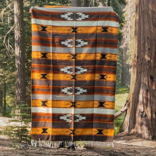 WP West Path Wool Mexican Blanket - Southwest Print, Geometric Design- Handwoven Vintage Wall Tapestry/Throw from Mexico/Beach Blanket/Picnic Blanket/Thick Yoga Blanket (Gold Southwestern Desert) - color: Southwestern Desert