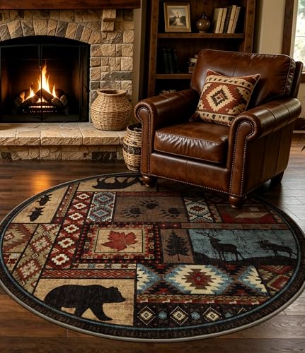 YIHOUSE Washable Rustic Cabin Round Rug, 4ft - color: Brown, size: 4' (Round)