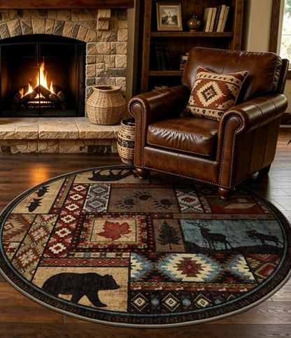 YIHOUSE Washable Rustic Cabin Round Rug, 4ft - color: Brown, size: 4' (Round)