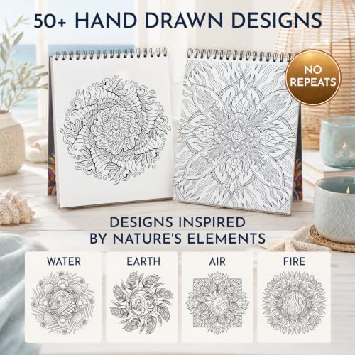 Mandala Coloring Book for Women, 50 Unique Spiral-Bound Relaxing Designs | Coloring Books for Adults Relaxation, Mindful Mandalas & Mandala Patterns for Women, Single-Sided 180gsm Thick Paper - color: Mindful Mandala - Elements