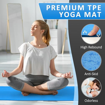 Fitvids All Purpose Thick High Density No Tear Exercise Yoga Mat with Strap & Lightweight Features for Indoor & Outdoor Use - color: Blue