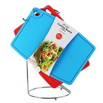 Liflicon Thick Cutting Boards for Kitchen Silicone Chopping Board Set of 2 Mid 12.6'' x 9.1”,Mini 9.1”x7.1” Non-slip Deep Drip Juice Groove Easy Grip Handle,Dishwasher Safe-Blue - color: Blue, size: S+M