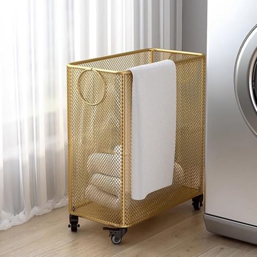 Gold Metal Basket with Wheels, Rolling Laundry Hamper Cart, Mesh Wire Laundry Basket, Yoga Mat Storage Rack,Large Capacity Dirty Clothes Organizer for Bedroom Living Room(17"W x 9"D x 20.5"H, Gold) - color: Gold