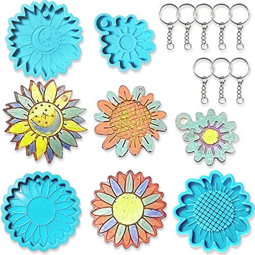 Sunflowers Resin Keychain Molds, Floral Flowers Silicone Keychain Fondant Molds with 8 PCS Key Rings 8 PCS Keychain Tassels, Casting Molds for DIY Keychain Jewelry Necklaces Crafts