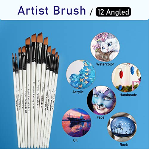 Falling in Art 12 PCS Professional Angled Paint Brushes Set | Artist Brushes for Watercolor, Oil Painting, Acrylic, Face Body Nail Art, Crafts, Rock Painting - size: 12 Pcs Angled Nylon