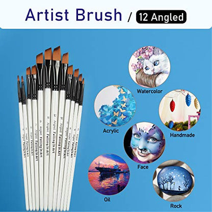 Falling in Art 12 PCS Professional Angled Paint Brushes Set | Artist Brushes for Watercolor, Oil Painting, Acrylic, Face Body Nail Art, Crafts, Rock Painting - size: 12 Pcs Angled Nylon