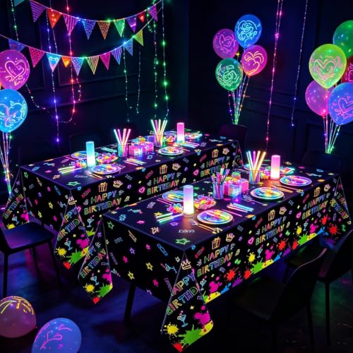4 Pack Glow Party Table Covers Neon Tablecloths Disposable Plastic Neon Table Cloth Black Light Tablecloth Black Light Decorations Glow in The Dark Party Supplies Blacklight Decor 86 x 51 Inch