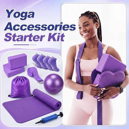 Thenshop 12 Pcs Home Pilates Kit for Women Workouts, Purple Yoga Equipment Set with Yoga Mats Socks Balls Blocks Resistance Bands Strap Knee Pads and Fitness Storage Bag Accessories for Starter