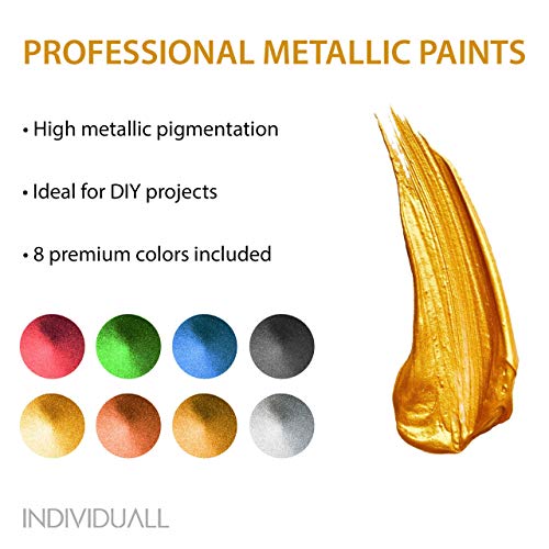 individuall Metallic Acrylic Paint Set - 8 Pack (20 mL) Multicolored Metallic Paints for Indoor and Outdoor Use on Canvas, Paper, Rock, Wood, Metal & Walls - Gifts for Artists