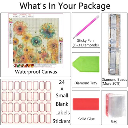 Shouruihua Diamond Painting Kits for Adults, Dandelion Diamond Art Kits | Flower Gem Art, Diamond Dotz Kits, Diamond Dots, Wall Art, Adult Crafts, Full Round Drill Diamond Painting Kits, 11.8x11.8 in - color: Dandelion