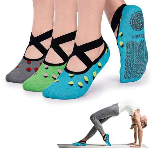 Ozaiic Pilates Socks for Women Non Slip Grip Yoga Barefoot Indoor Workout - color: 3 Pairs -Blue/Gray/Green