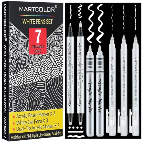 MARTCOLOR White Pens Set, 7 Pack White Gel Pen Dual-Tip Acrylic Paint Pen | 05/08/10mm Opaque Gel Ink Pen Brush Tip Acrylic Markers for Drawing, Sketching, Illustration, Card Making, Bullet Journaling