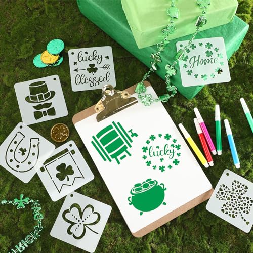 AUGSHY 56 Pack St Patricks Day Stencils, 3 Inch Clover Craft Templates | Clover Theme Templates, Window Party Home Decor, Painting on Wood Slice Crafts, Holiday Scratch Art Ornaments - style: St Patrick's